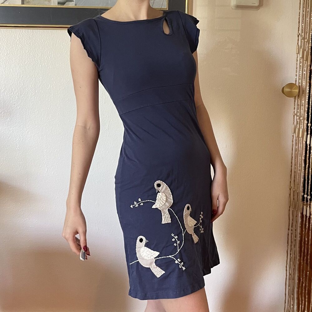 Vintage Y2K Synergy Blue Embroidered Bird Mini Dress Size S Short Sleeve Twee